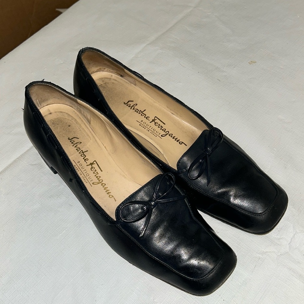 Salvatore Ferragamo square toe black bow.